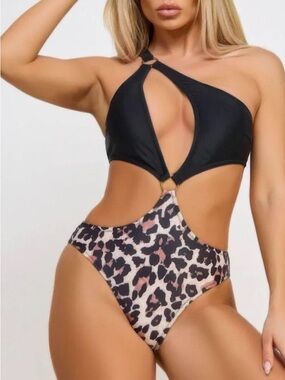 Black & Leopard Cutout One-Piece Swimsuit
